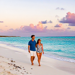 Caribbean Holidays, Bermuda Adults Only, Happy couple walking along a quiet Bermuda beach at golden hour, turquoise sea and pastel sky