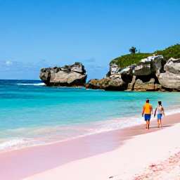 Caribbean Holidays, Bermuda Adults Only, Pink-sand Horseshoe Bay in Bermuda on a sunny April day, with turquoise water, rocky cliffs and a couple walking along the shoreline