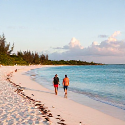 Caribbean Holidays, Bermuda Adults Only, Quiet pink-sand beach in Bermuda at golden hour, with two relaxed adults walking beside calm turquoise water
