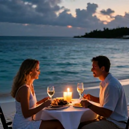 Caribbean Holidays, Bermuda Adults Only, Romantic beachfront dinner for two in Bermuda with fresh seafood, candlelight and ocean view at dusk