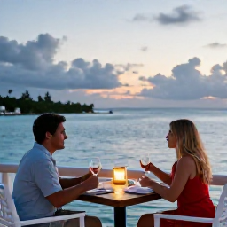 Caribbean Holidays, Bermuda Adults Only, Romantic Bermuda waterfront restaurant at sunset with a couple dining outdoors, soft lighting and calm blue sea