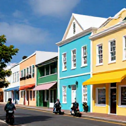 Caribbean Holidays, Bermuda Adults Only, Two adults exploring pastel-coloured Hamilton streets in Bermuda, with scooters, colonial architecture and bright shopfronts