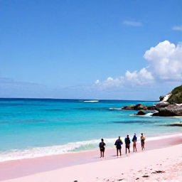 Caribbean Holidays, Bermuda Adventure, A bright April morning on Bermuda's pink-sand Horseshoe Bay, with turquoise water, coastal rocks and a small group of adventurous visitors