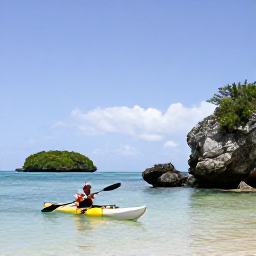 Caribbean Holidays, Bermuda Adventure, A kayaker paddling through calm clear water beside Bermuda's rocky coastline and small green islands