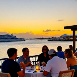 Caribbean Holidays, Bermuda Adventure, A relaxed Bermuda evening with travellers dining outdoors near the harbour as the sky turns golden