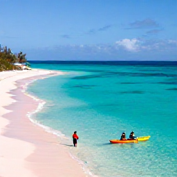 Caribbean Holidays, Bermuda Adventure, Clear turquoise water, pink-sand beach and kayakers exploring Bermuda's coastline in warm March sunshine