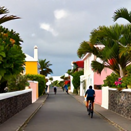 Caribbean Holidays, Bermuda Adventure, Cyclists riding along a peaceful narrow Bermuda lane lined with pastel cottages, stone walls and tropical gardens