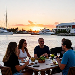 Caribbean Holidays, Bermuda Adventure, Friendly travellers enjoying a casual outdoor meal near a Bermuda harbour at sunset