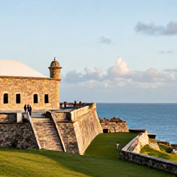 Caribbean Holidays, Bermuda Adventure, Historic Bermuda fort overlooking the sea, with visitors walking through old stone walls in soft winter sunshine