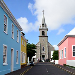 Caribbean Holidays, Bermuda Adventure, Historic St George's Bermuda street with pastel buildings, historic church and visitors exploring on foot