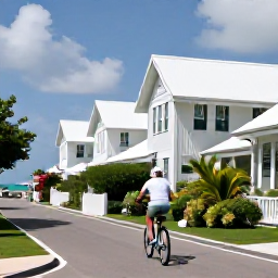 Caribbean Holidays, Bermuda Adventure Holidays, A cyclist riding a pastel-coloured Bermuda lane past traditional white-roofed houses, gardens and a glimpse of the ocean