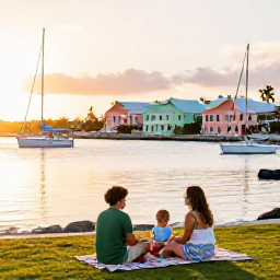 Caribbean Holidays, Bermuda Adventure Holidays, A family enjoying a sunset picnic beside Bermuda's calm harbour with sailing boats and pastel buildings in the background