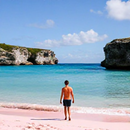 Caribbean Holidays, Bermuda Adventure Holidays, A sunny February morning on Bermuda&rsquo;s pink-sand Horseshoe Bay with a traveller walking beside turquoise water and dramatic rocky cliffs