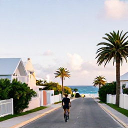 Caribbean Holidays, Bermuda Adventure Holidays, A traveller cycling along a quiet Bermuda road lined with pastel houses, palm trees and ocean views in soft winter sunshine