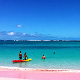 Caribbean Holidays, Bermuda Adventure Holidays, Bright turquoise Bermuda sea, pink-sand beach, snorkellers and a small kayak near the shore in June sunshine