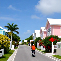 Caribbean Holidays, Bermuda Adventure Holidays, Cyclist riding a scooter along a scenic Bermuda road lined with pastel houses and tropical vegetation