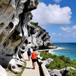 Caribbean Holidays, Bermuda Adventure Holidays, Hikers following a coastal trail through Bermuda with limestone cliffs, ocean views and bright subtropical vegetation