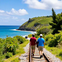 Caribbean Holidays, Bermuda Adventure Holidays, Hikers walking along a scenic Bermuda railway trail with lush greenery, rocky coastline and ocean views
