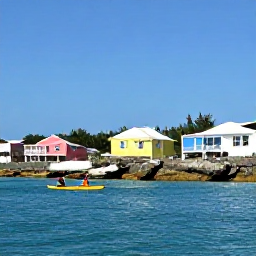 Caribbean Holidays, Bermuda Adventure Holidays, Kayakers paddling along Bermuda's calm coastline past rocky coves and pastel-coloured houses under a clear blue sky
