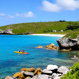 Caribbean Holidays, Bermuda Adventure Holidays, Kayakers paddling through clear blue water near Bermuda&rsquo;s rocky coastline, with green hills and sheltered coves in the background