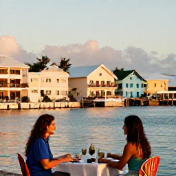 Caribbean Holidays, Bermuda Adventure Holidays, Relaxed Bermuda evening with a couple dining beside the harbour, pastel buildings, calm sea and warm sunset light