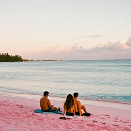 Caribbean Holidays, Bermuda Adventure Holidays, Travellers relaxing on a pink-sand Bermuda beach after an active day, with calm blue sea and evening light
