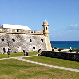 Caribbean Holidays, Bermuda Adventure Holidays, Visitors exploring the historic stone walls of Fort St Catherine in Bermuda, with ocean scenery and winter sunshine
