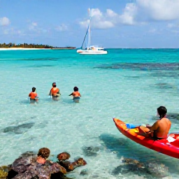 Caribbean Holidays, Bermuda Adventure, Kayakers and snorkellers exploring clear turquoise water beside a Bermuda coral reef on a sunny day