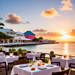 Caribbean Holidays, Bermuda Adventure, Relaxed Bermuda waterfront restaurant at sunset with outdoor tables, local seafood and pastel buildings