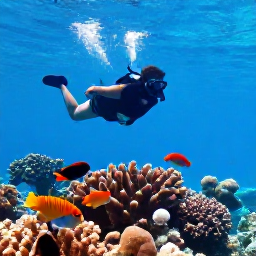 Caribbean Holidays, Bermuda Adventure, Snorkeller discovering colourful fish above a coral reef in clear blue water near Bermuda