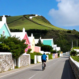 Caribbean Holidays, Bermuda Adventure, Travellers cycling along a quiet coastal road past pastel cottages, stone walls and green hills in Bermuda