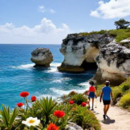 Caribbean Holidays, Bermuda Adventure, Travellers hiking a coastal trail in Bermuda past limestone cliffs, bright flowers and sparkling blue ocean