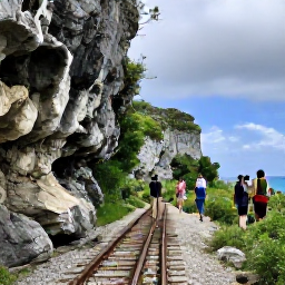 Caribbean Holidays, Bermuda Adventure, Travellers walking along a rugged Bermuda railway trail beside limestone cliffs, green vegetation and glimpses of blue sea
