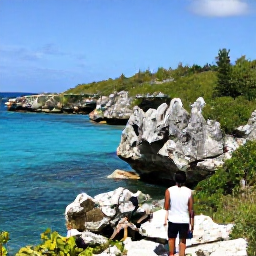 Caribbean Holidays, Bermuda Adventure, Visitors hiking along Bermuda's dramatic coastline near turquoise water, limestone rocks and green vegetation under a clear winter sky