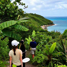 Caribbean Holidays, Bermuda Adventure, Visitors hiking through Bermuda countryside beside lush woodland, rocky coastline and blue Atlantic water