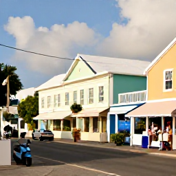 Caribbean Holidays, Bermuda All Inclusive, A charming Bermuda street with pastel houses, a scooter, local shops and visitors exploring in warm sunshine