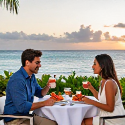 Caribbean Holidays, Bermuda All Inclusive, A couple dining outdoors at a Bermuda resort during sunset, with fresh seafood, drinks and ocean views