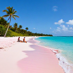 Caribbean Holidays, Bermuda All Inclusive, A sunny pink-sand beach in Bermuda with turquoise water, palm trees and a relaxed couple enjoying the shoreline