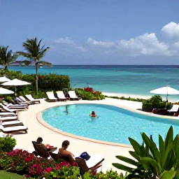 Caribbean Holidays, Bermuda All Inclusive, An elegant Bermuda resort with a swimming pool, sun loungers, tropical gardens and guests relaxing near the sea