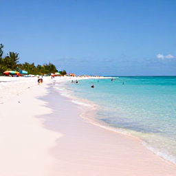 Caribbean Holidays, Bermuda All Inclusive, Bermuda beach with pale pink sand, calm turquoise water, colourful umbrellas and visitors swimming in the sunshine