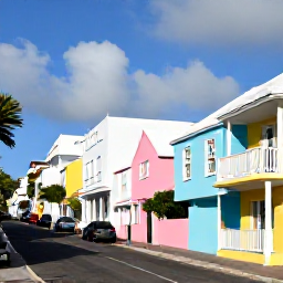 Caribbean Holidays, Bermuda All Inclusive, Colourful pastel houses and historic buildings along a sunny Bermuda street in the town of St George's