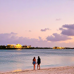 Caribbean Holidays, Bermuda All Inclusive, Couple walking along a quiet Bermuda shoreline at sunset with calm sea, pastel sky and resort lights in the distance