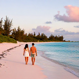 Caribbean Holidays, Bermuda All Inclusive, Couple walking along Bermuda coastline at golden hour, with pink sand, clear water and lush greenery in the background