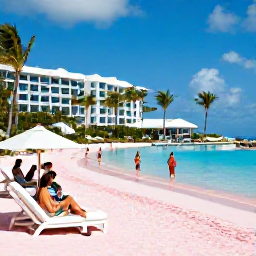 Caribbean Holidays, Bermuda All Inclusive, Elegant Bermuda resort beside a pink-sand beach, with a swimming pool, palm trees and guests enjoying an all-inclusive summer holiday