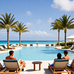 Caribbean Holidays, Bermuda All Inclusive, Guests relaxing beside an elegant Bermuda resort pool with palm trees, comfortable loungers and ocean views