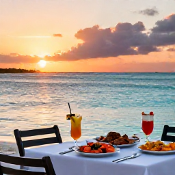 Caribbean Holidays, Bermuda All Inclusive, Relaxed beachfront dinner in Bermuda at sunset, featuring fresh seafood, tropical drinks and a view across calm turquoise water