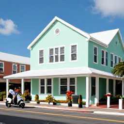 Caribbean Holidays, Bermuda All Inclusive, Visitors exploring Hamilton, Bermuda, with pastel-coloured buildings, tropical plants, scooters and a sunny June sky