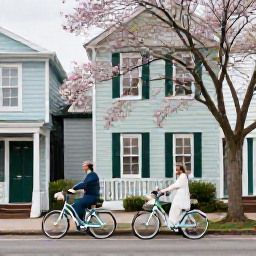 Caribbean Holidays, Bermuda April Weddings, A couple exploring Hamilton, Bermuda, on pastel-coloured bicycles, passing historic buildings and flowering trees in spring