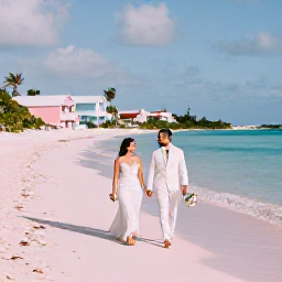 Caribbean Holidays, Bermuda April Weddings, A newly married couple walking along a pink-sand Bermuda beach in warm April sunshine, with turquoise water and pastel cottages in the background