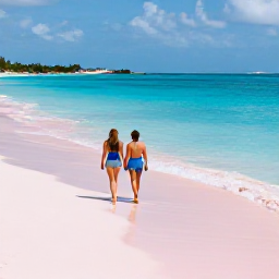 Caribbean Holidays, Bermuda August Escapes, Couple walking along a pink-sand Bermuda beach with clear blue water and gentle August sunshine